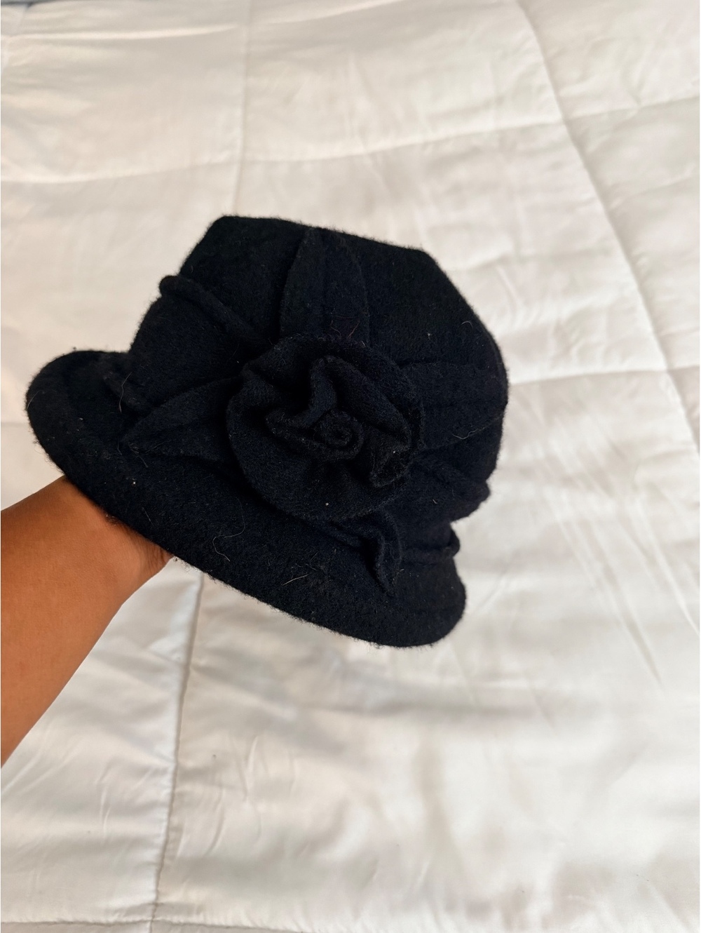 Black Wool Felt Bucket Hat with Floral Accent